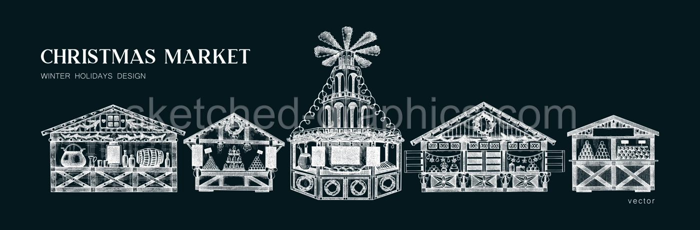 Christmas market sketches set. Hand drawn vector illustration. Holiday marketplace design elements on chalkboard. Wooden stall kiosk, candy shop, bakery, fast food, mulled wine drawings Illustration